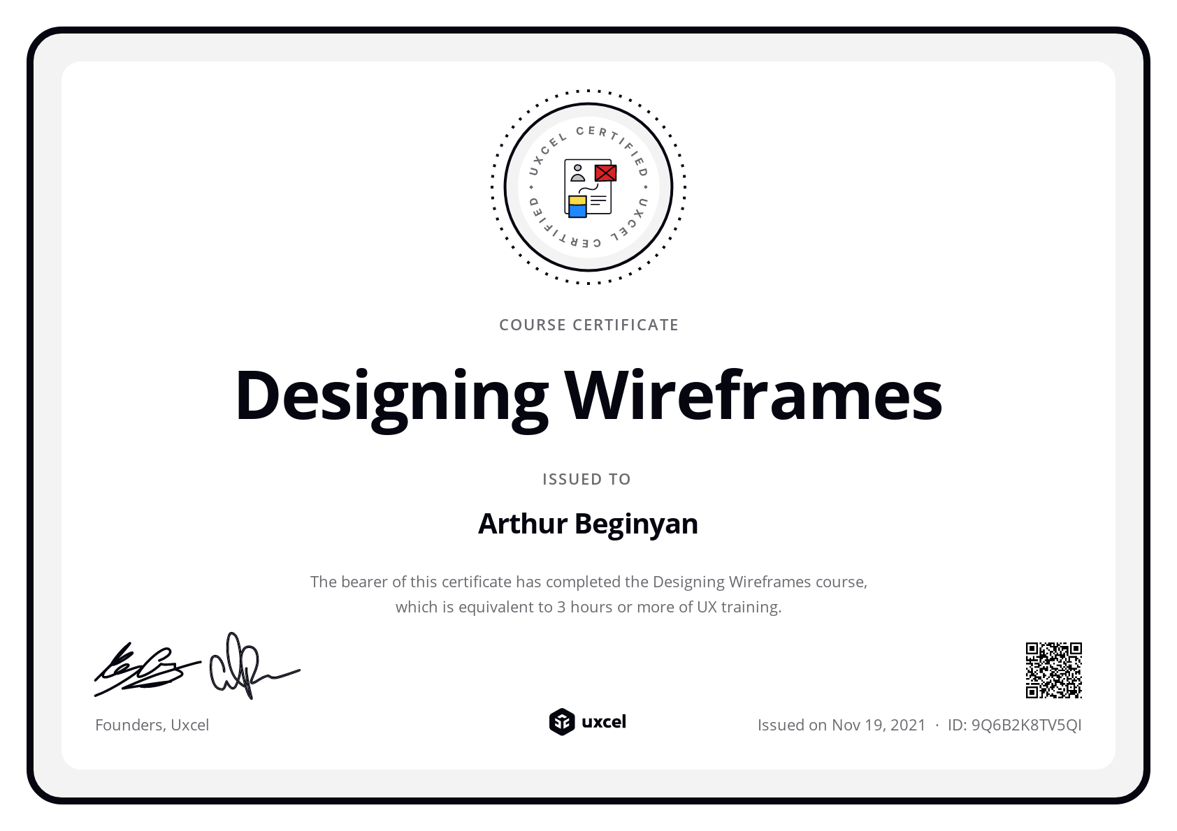 Arthur Beginyan's certificate